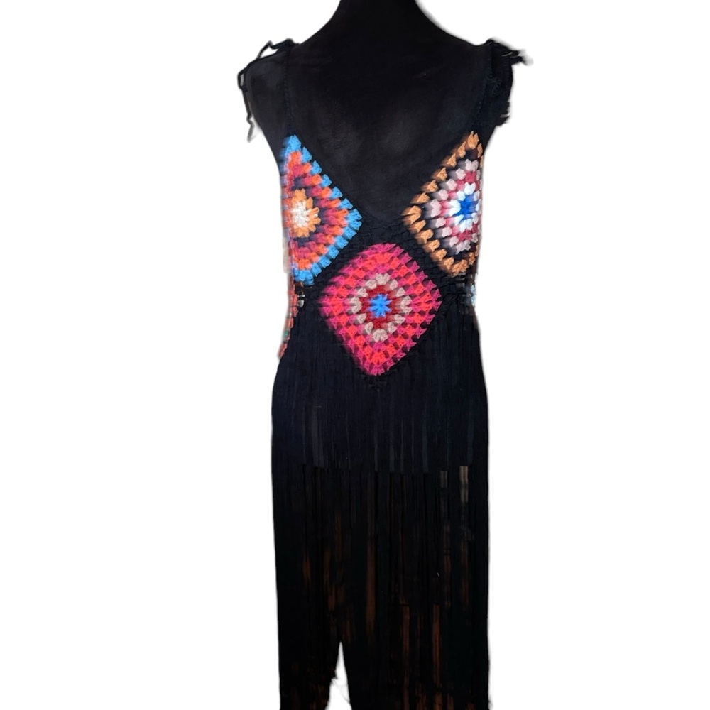 Women’s Boho Granny Square Bathing Suit Cover Up Multi Color Long Fringe NWOT - Picture 5 of 6
